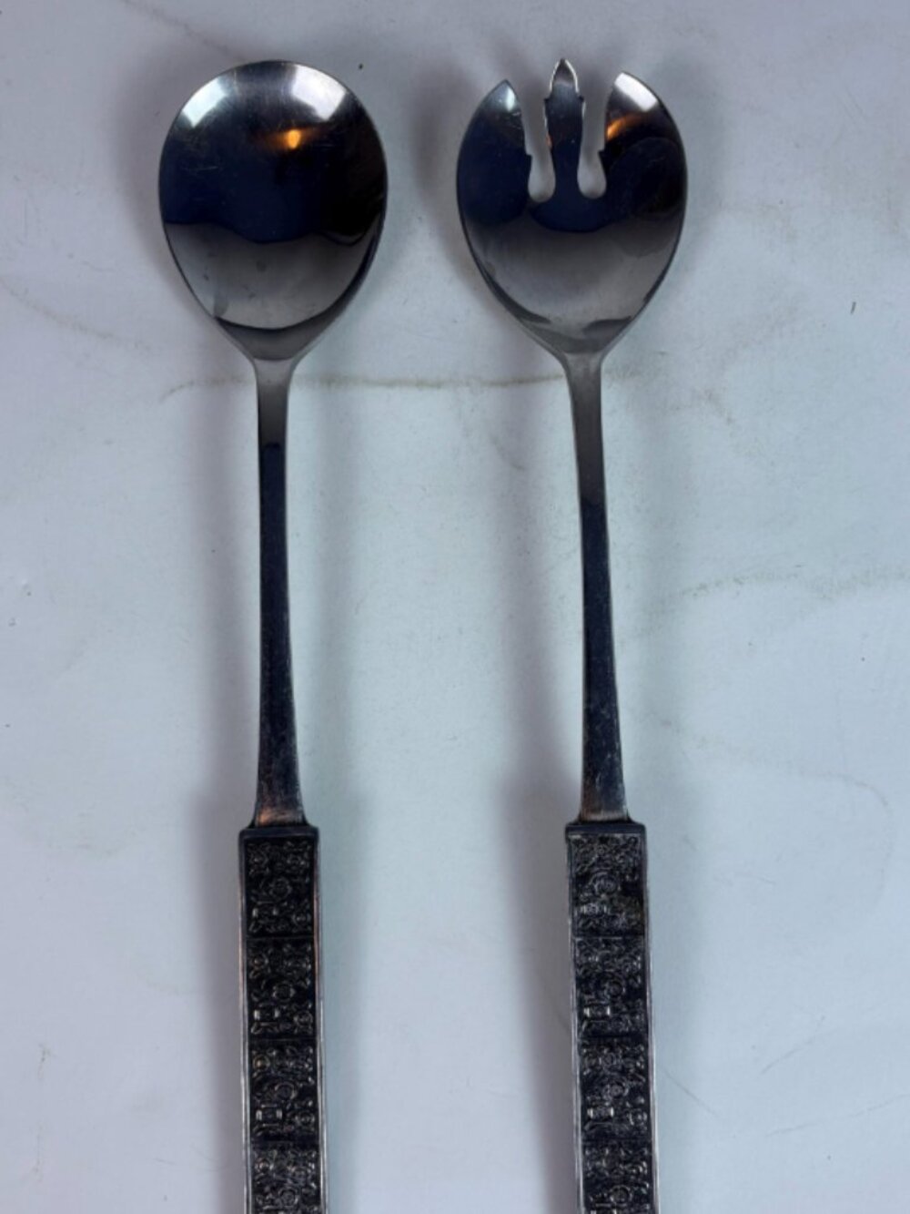 Vintage Stanley Roberts Stainless Japan Salad Serving Set MCM Floral Flatware